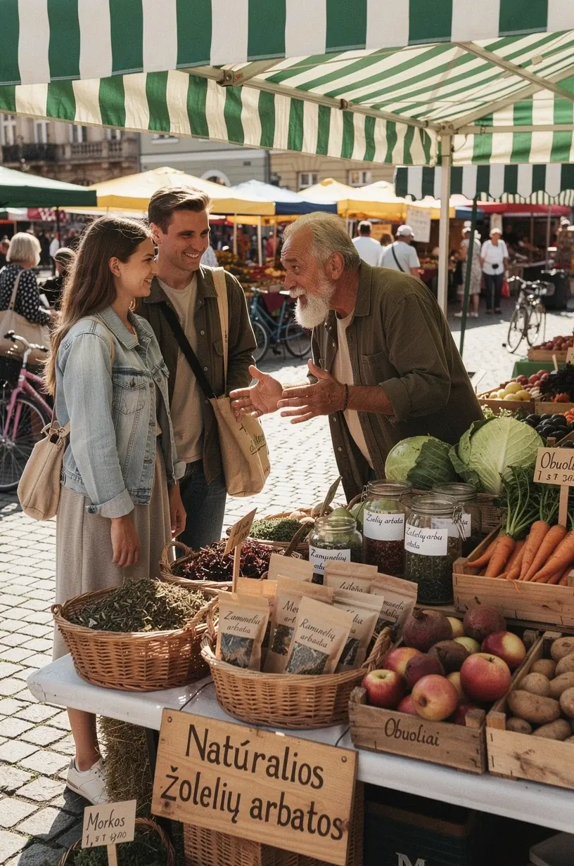 Šviesi ir rami aplinka, kurioje žmogus mėgaujasi šiltu vaistažolių gėrimu.