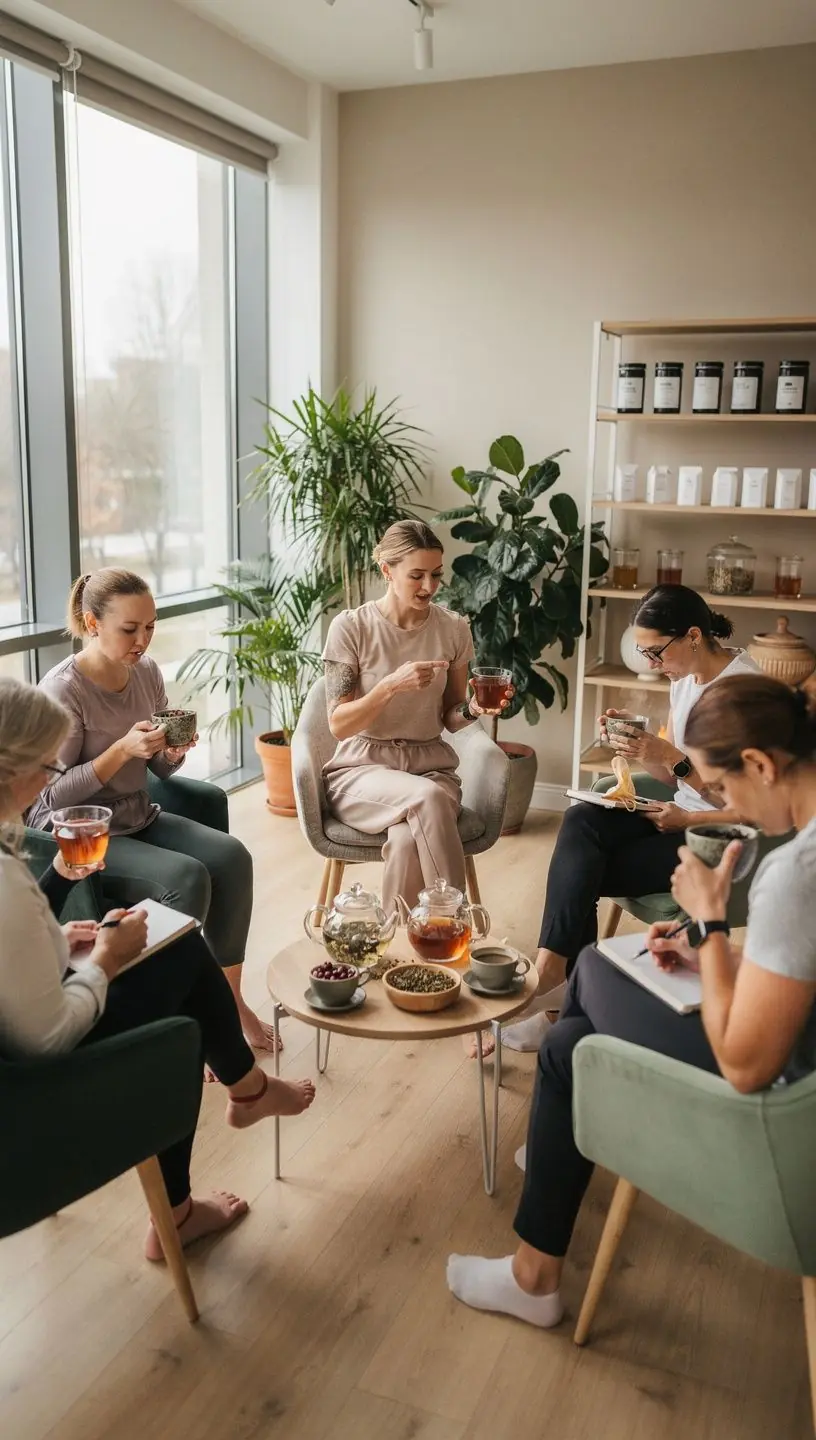 Šiltos vaistažolių arbatos puodelis ant medinio stalo, simbolizuojantis kasdienį komfortą.